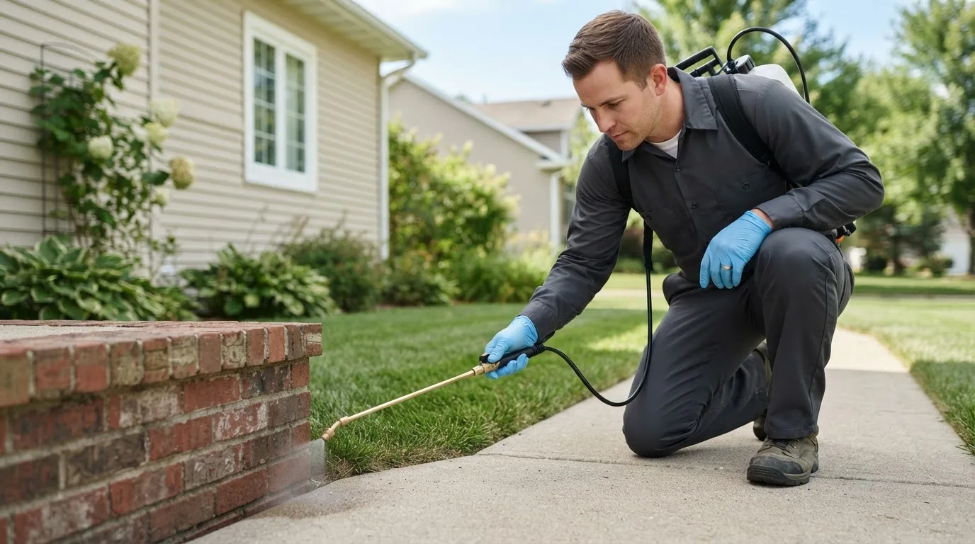 Pest control technician treating a home near Griggsville, IL