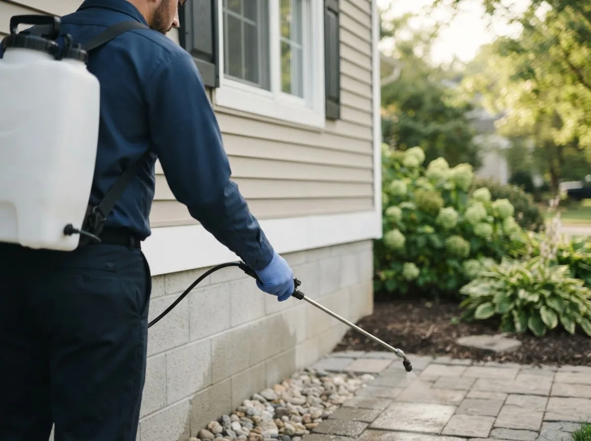 Pest control technician inspecting a home in Griggsville, IL